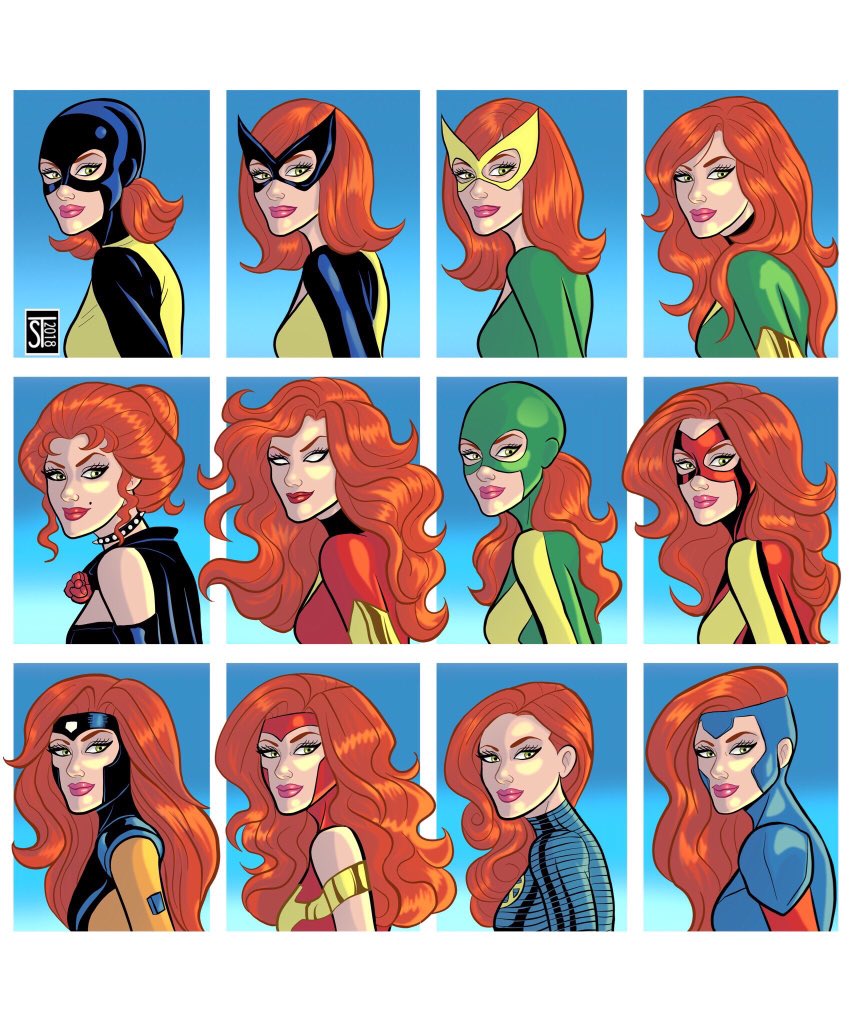 phoenixsource's tweet image. "Jean Grey through the ages" by @sergetowers 
We can see:
Marvel Girl (X-Men 1-66), Phoenix (X-Men 101-129)
Black Queen (X-Men 129-134)
Dark Phoenix (X-Men 134-137)
Marvel Girl (X-Factor 1-70)
Jean Grey (X-Men v2, Uncanny X-Men 281-)
Jean Grey (New X-Men)
Jean Grey (X-Men Red)