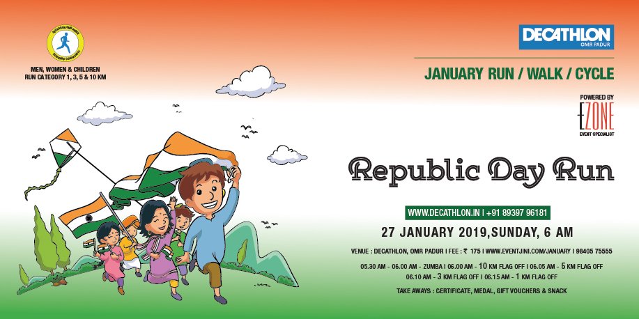 ezone_india's tweet photo. Time to celebrate again!! Join us #RepublicDayRun at DECATHLON OMR Padur on January 27, 2019 at 5:30 AM,
Run/Walk/Cycle with your family and friends!!!
Register here: https://t.co/OkttKv0efc
Certificate | Medal | Snack
#employeeENGAGEMENT #healthyCOMMUNITY https://t.co/ZZlcMwooNe