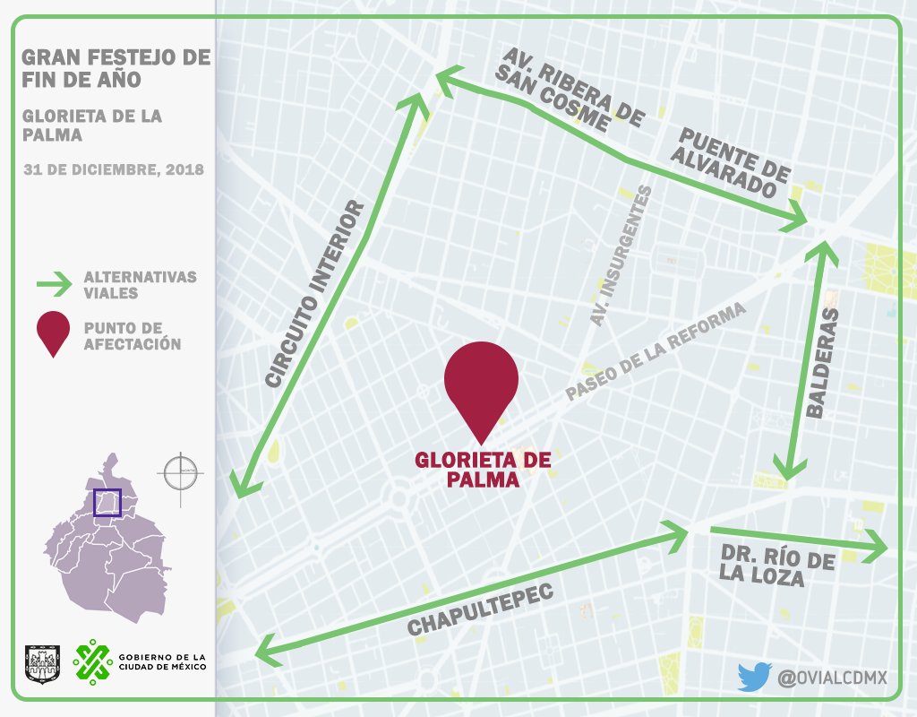 Conozca aquí la #AlternativaVial para el festejo de fin de año en tu ciudad. #Bienvenido2019. Este lunes 31 de Diciembre en la Glorieta de la Palma #EventoGratuito bit.ly/2RkQw5m. <a href="/NoticiasImagen/">Imagen Información</a> <a href="/jzarzap/">Jorge Zarza🇲🇽</a> <a href="/PamelaCorreaMX/">Pamela Correa</a>