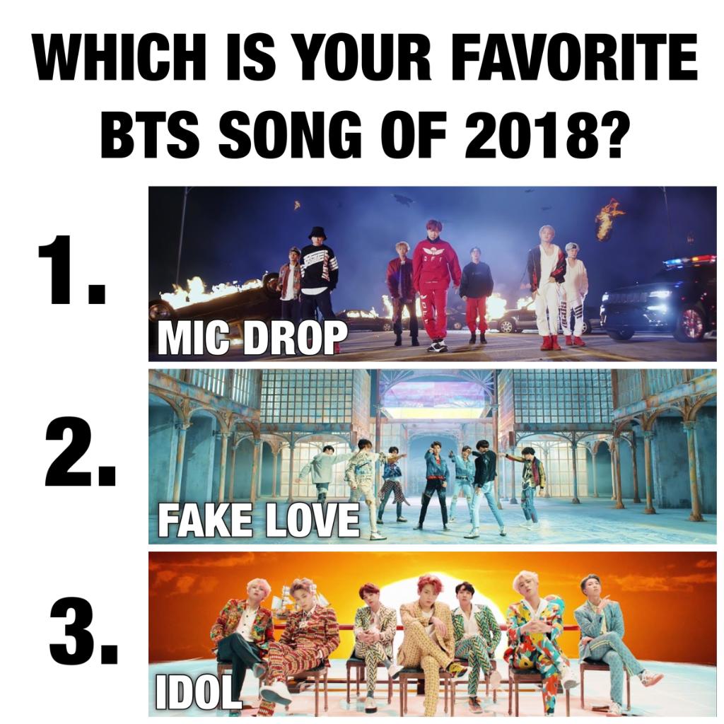 radiodisney's tweet photo. Which #BTS song of 2018 is your favorite? @BTS_twt @bts_bighit 
1. #MICDROP
2. #FAKELOVE
3. #IDOL https://t.co/1OjXzvY46U