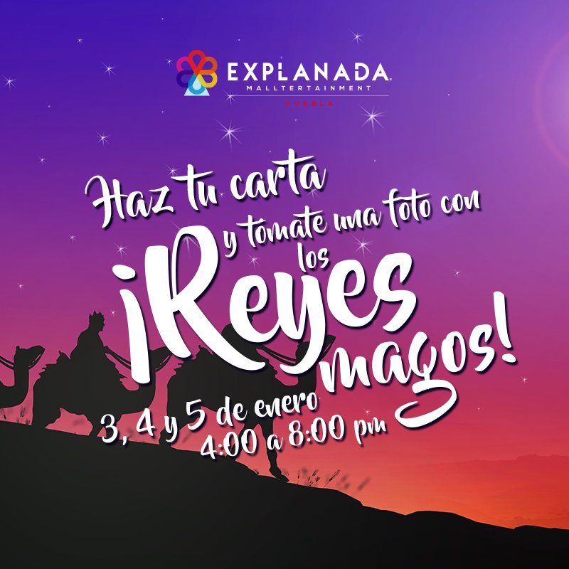 Ven a tomarte una foto con los reyes magos y escribe tu carta para que te traigan todo lo que quieres este 3, 4 y 5 de enero de 4:00 pm a 8:00 pm en el árbol navideño. ¡#Vivetusdeseos en #ExplanadaPuebla!
#EsMalltertainment