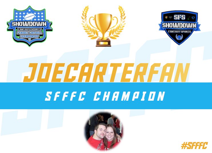 ShowdownDFS's tweet image. IT’S. ALL. OVER. 

Your 2018 Showdown Fantasy FanDuel Football Championship Champion is........

@JoeCarterFan! 🥇🏆

#SFFFC