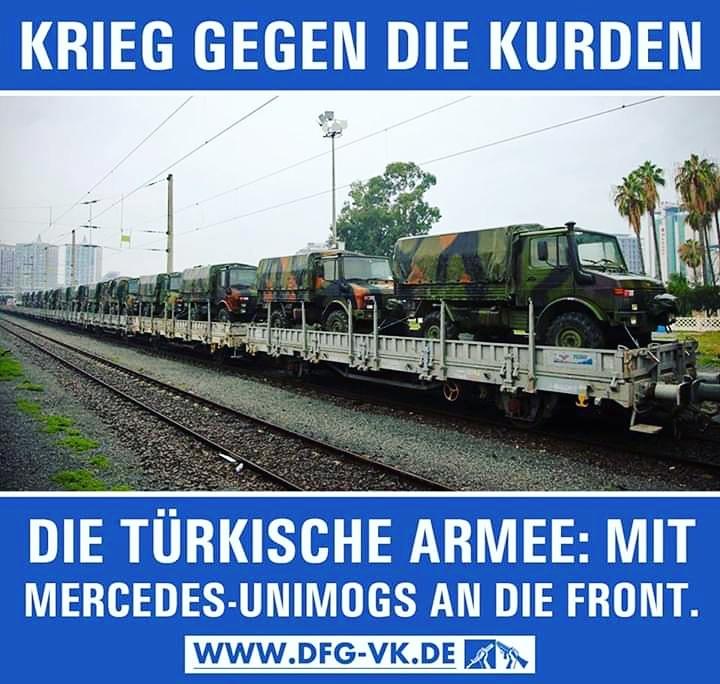 AnselmSchindler's tweet image. Derzeit werden weiter Truppentransporter an die syrische Grenze verlegt. Es sind Fahrzeuge der Marke Mercedes-Benz. Der Stuttgarter Auto- und Kriegsfahrzeughersteller @Daimler verdient an Erdoğans Krieg gegen die Kurd*innen kräftig mit. #defendrojava #fight4rojava #twitterkurds