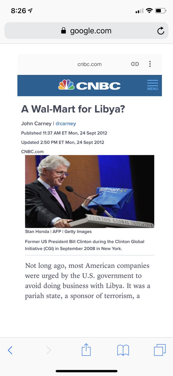 10. Thirteen days after the Clintons slaughtered Americans in  #Benghazi, to cover CGI’s arms dealing to Syria, Bill attempts to Broker a Walmart on the shores of Tripoli.  #SemperFi   #SAM  #ChrisKnew  #QAnon  #MAGAcc  @POTUS  https://www.google.com/amp/s/www.cnbc.com/amp/id/49149511