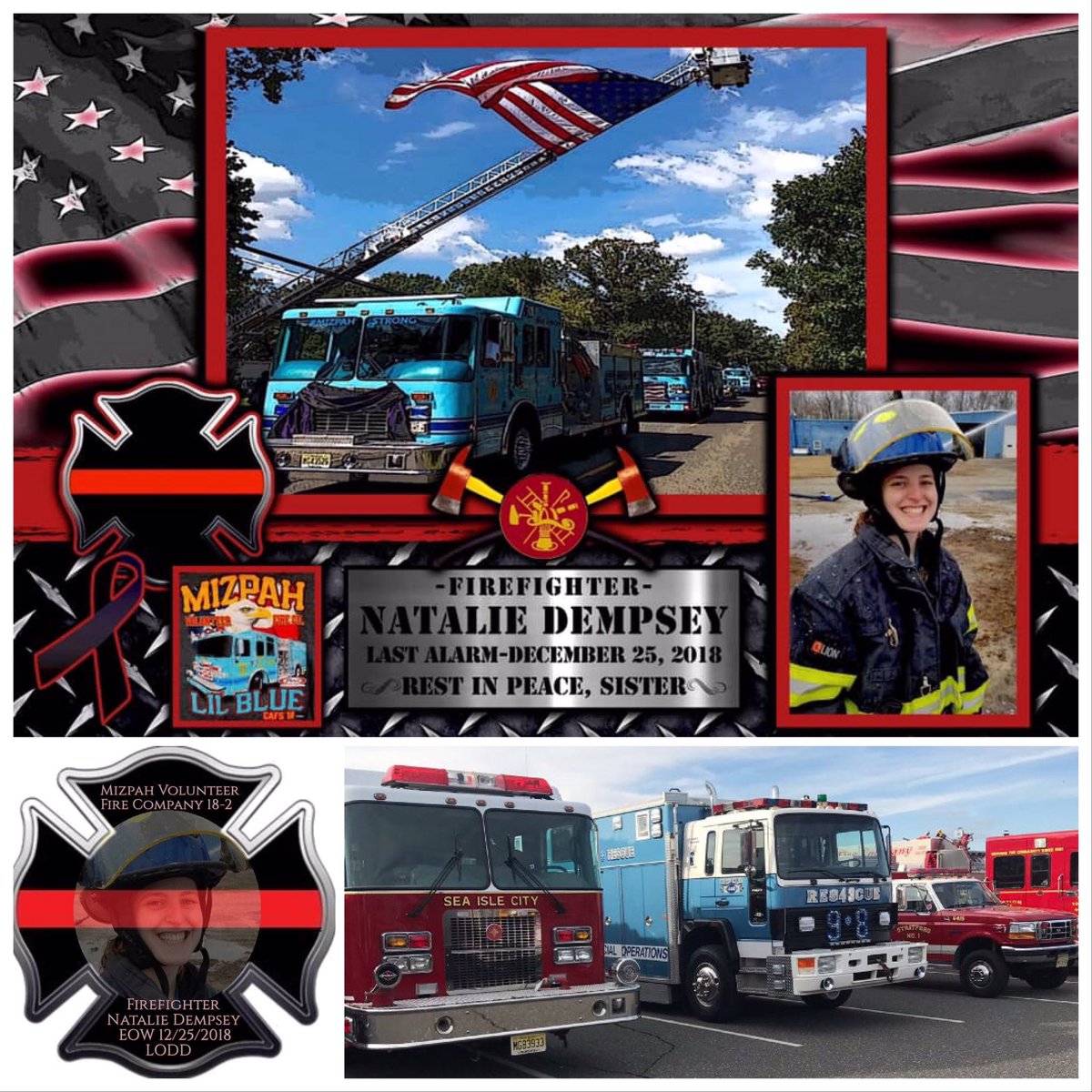 TabRescueSquad's tweet photo. Today our crews joined w/ depts from across South Jersey to say goodbye to one of our own; F.F. Natalie Dempsey. We were honored to be requested by Mizpah Fire Co. as brothers &amp; sisters in blue. Our continued thoughts &amp; prayers are with her family &amp; dept. #bluecrews #MizpahStrong https://t.co/bbzzukWDT8