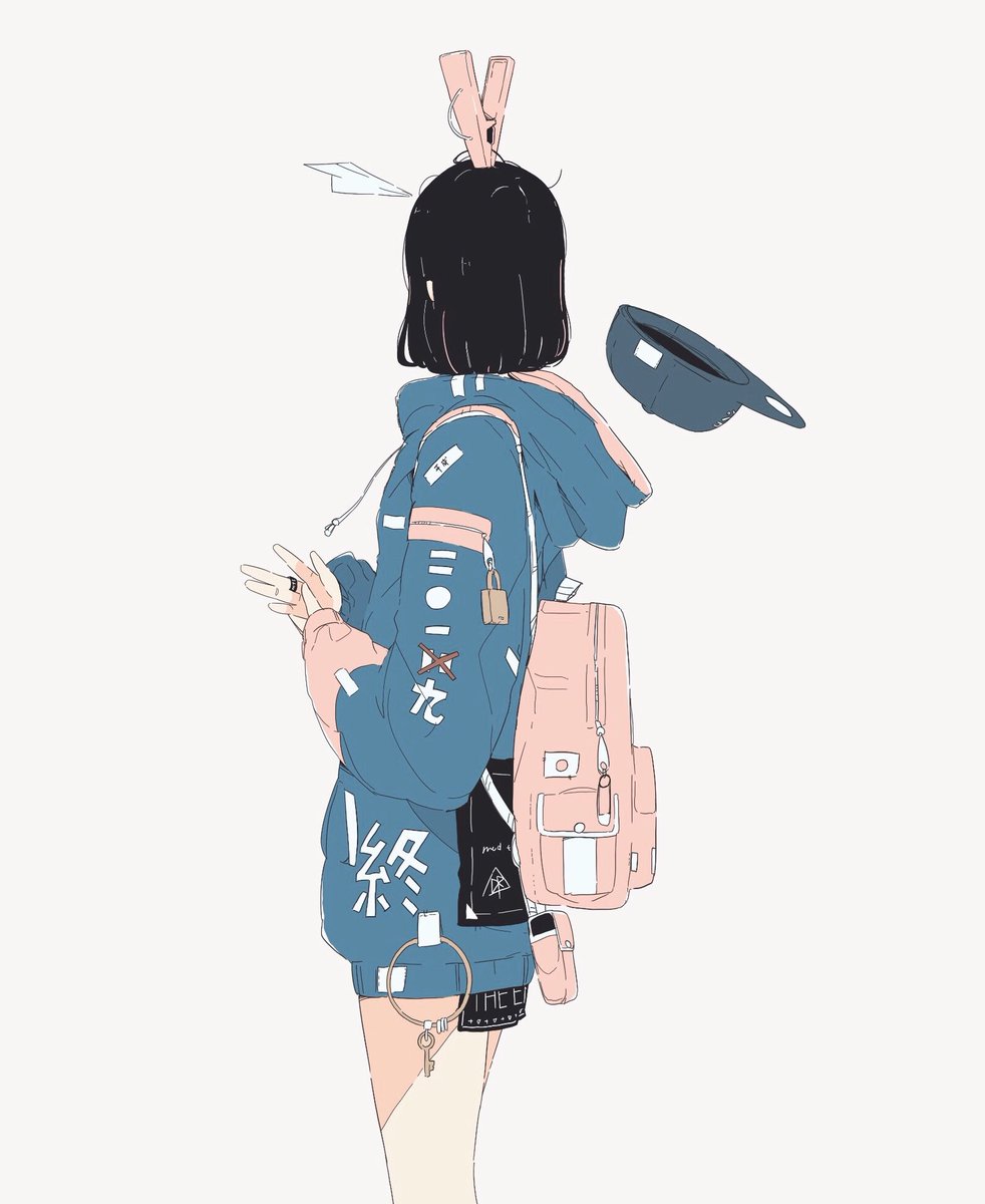1girl solo hood backpack black hair simple background bag  illustration images