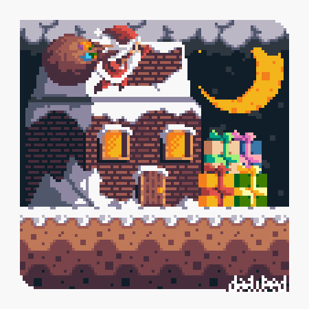 D44W33D's tweet photo. thanks to @LouBagelCombo5 and his bot @LouBagelBot, he create a gift drop game collaboratively with many artist.
You can try it at https://t.co/obTBtj9oGc
I want to make a scene with my asset of it.
#aseprite #pixelart #dotpict #ドット絵 #SadShort #SantaCollab https://t.co/c7iT2NYvcb