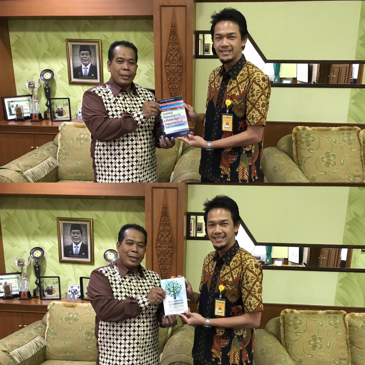adinurcahyono's tweet image. Giving a @mathcitymap book to the President of Semarang State University/Universitas Negeri Semarang, Indonesia (@unneskonservasi) and receiving a book entitled 'the Growing Leadership' written by Professor @fathur_unnes #mathcitymap #mcm