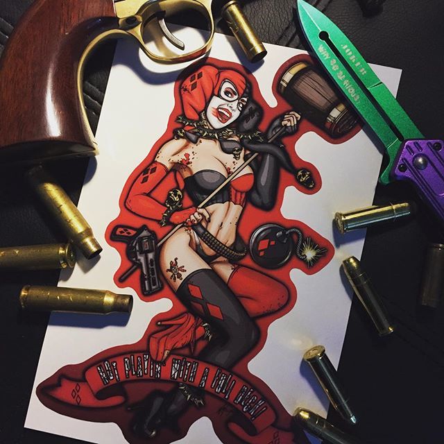 StudioNoire's tweet photo. My Harley and a .38 - Decal available on my site in bio- #harleyquinn #38special #joker #jokerknife #pinup #cosplay #lowbrowart #studionoire #dccomics #decalsticker #whysoserious #comicbookart https://t.co/nDXm5Wapwk https://t.co/noNbW40EYh