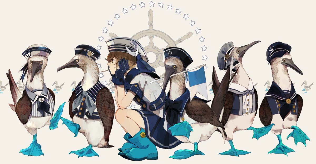 bird hat gloves 1girl brown hair clothed animal blue footwear  illustration images