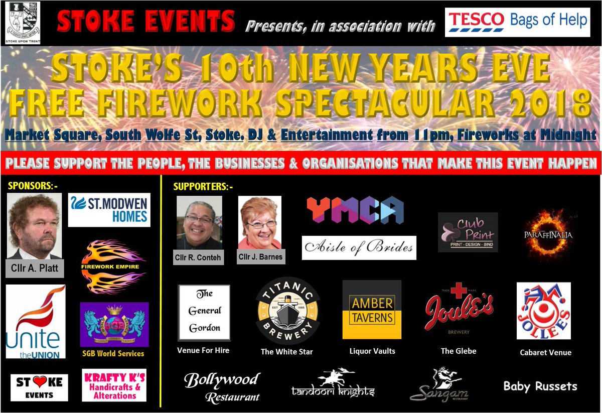 StokeEventsSt4's tweet photo. It’s tonight!

ST4 4SZ Stoke Town Centre. Entertainment from 11pm. Fireworks at midnight

Thanks to our sponsors @Tesco @StModwenHomes @unitetheunion @CllrAndyST4 @FIREWORK_EMPIRE @SGBEvents and Krafty Kay’s

Great food and drink in town all evening

Please RT https://t.co/SDGPS8PbnN