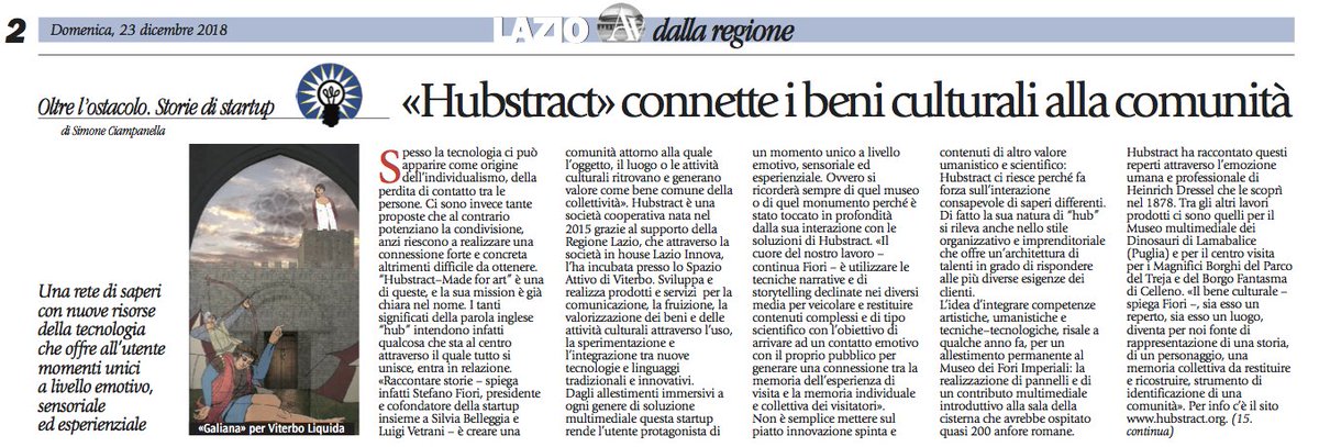 hubstractForArt's tweet photo. 23.12.2018 Grazie a Simone Ciampanella per aver raccontato il nostro lavoro e la nostra vision su @Avvenire_Nei - Lazio Sette. #hubstract #avvenire #racconto #storytelling #vision @LazioInnova https://t.co/9F2qYl4dxa