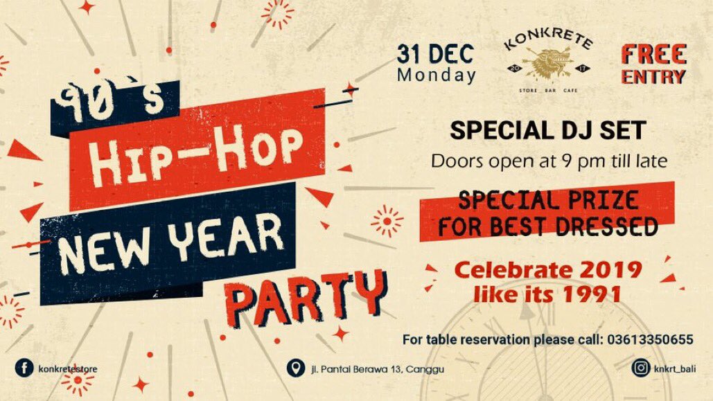 KNKRT_BALI's tweet photo. Dive into atmosphere of a 90’s hip-hop on this new year’s eve.
Sparkling wine, flashing lights, happy faces, people dancing on the tables following the rhythm of the music. 
Join us and lets celebrate together!🎉 
#NewYearParty #knkrt_bali #konkrete #canggulife #bali https://t.co/pKI77kpvxt
