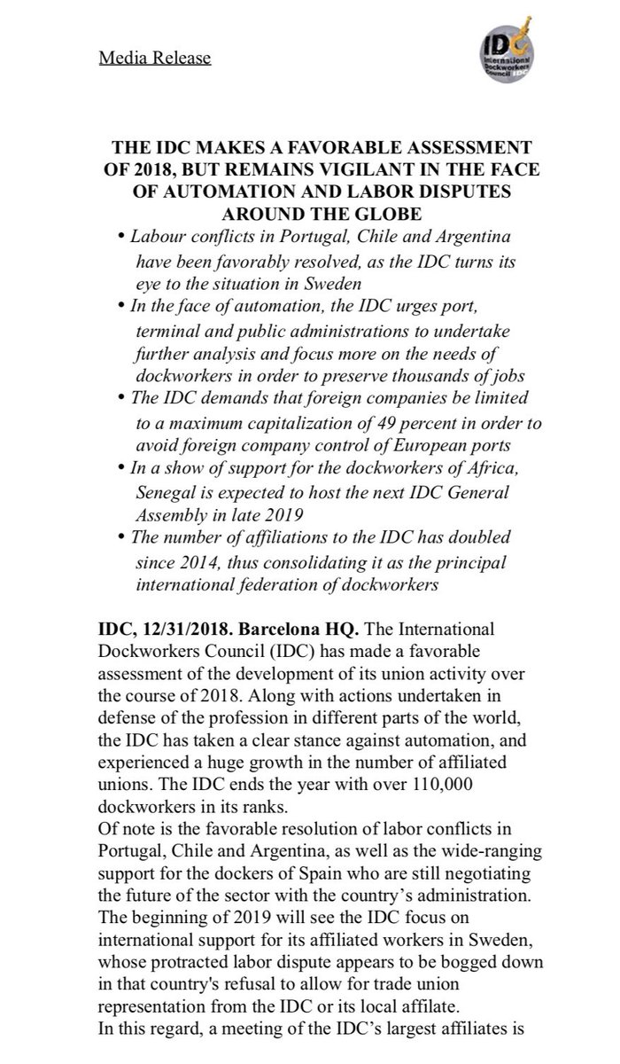IDC_Dockers's tweet photo. #Idcpress balance of this year #English #solidaridadinternacional #Proud2beDocker #estibadores #LongShoreman happy new year #2019 to all https://t.co/VJx7Ayqvq9