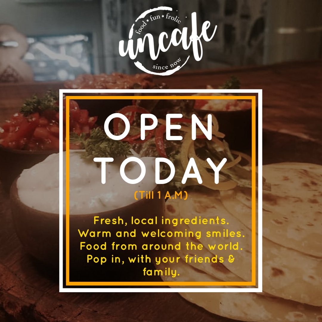 UnCafeIndia's tweet photo. We’re open today! (Till 1 A.M) Picks from around the world, curated menu which you just can’t resist..Dine-in, Takeaway or order via Swiggy or Zomato.🌟 https://t.co/n7fS0wNE8D