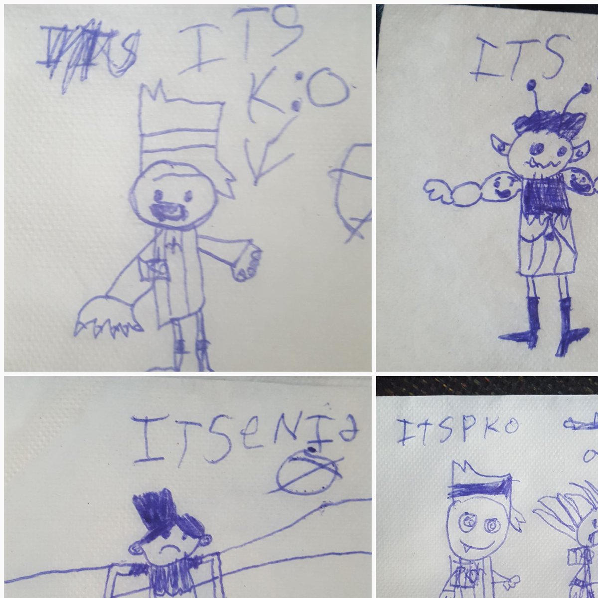 BigJBonk's tweet photo. Tiny J (my baby sister) drew OK K.O. characters on napkins today. My favorites are the Rad and Enid. Enid because she's leaning on the counter, and Rad because Tiny drew his "girls" and I'm dead.
#okko #okkoletsbeheroes #ko #tko #turboko #pko #perfectko #rad #radicles #enid https://t.co/Nt7yUF0ubK