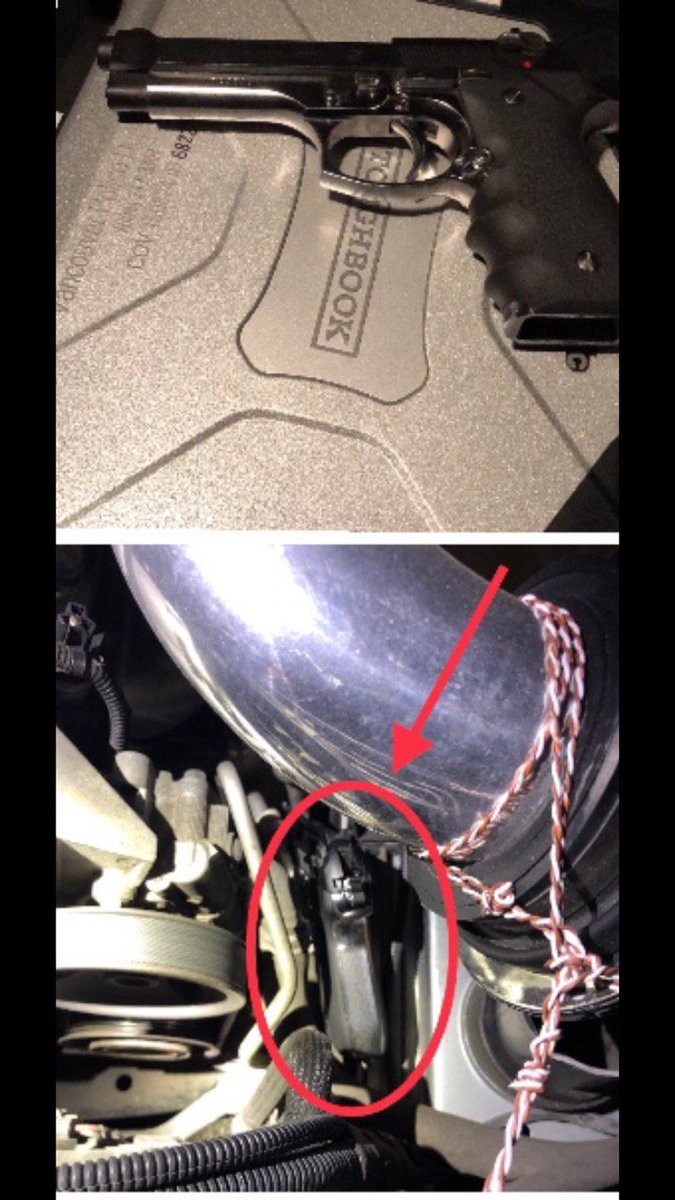 DeputyChow's tweet photo. #GoodPoliceWork of the day: Suspect arrested and a replica handgun found hidden under the hood of his car. #LooksRealToMe  @VancouverPD https://t.co/zDlc0RO2P0