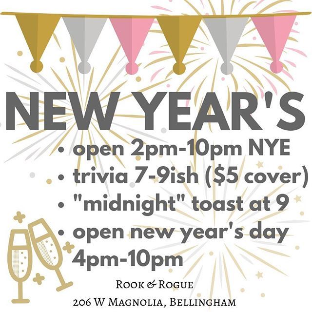 rookandrogue's tweet photo. Happy New Year! We are open New Year’s Eve from 2-10pm, with a special end-of-year trivia with a $5 cover starting at 7. (Get here early for a table!) We’ll toast midnight East Coast time at 9pm with champagne, champagne Jell-O shots, or sparkling cider. 
We’ll also be open … https://t.co/hkXIqYRuRJ