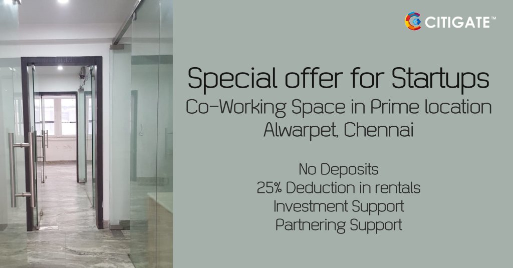 Special offer for #Startups- #CoWorkingSpace or #Coworkspace or #Sharedoffice or #sharedspace with #Meetingroom or #conferenceroom in Prime location #Alwarpet, #Chennai
#NoDeposits, 25% Deduction in #officerentals, #InvestmentSupport and #PartneringSupport.
