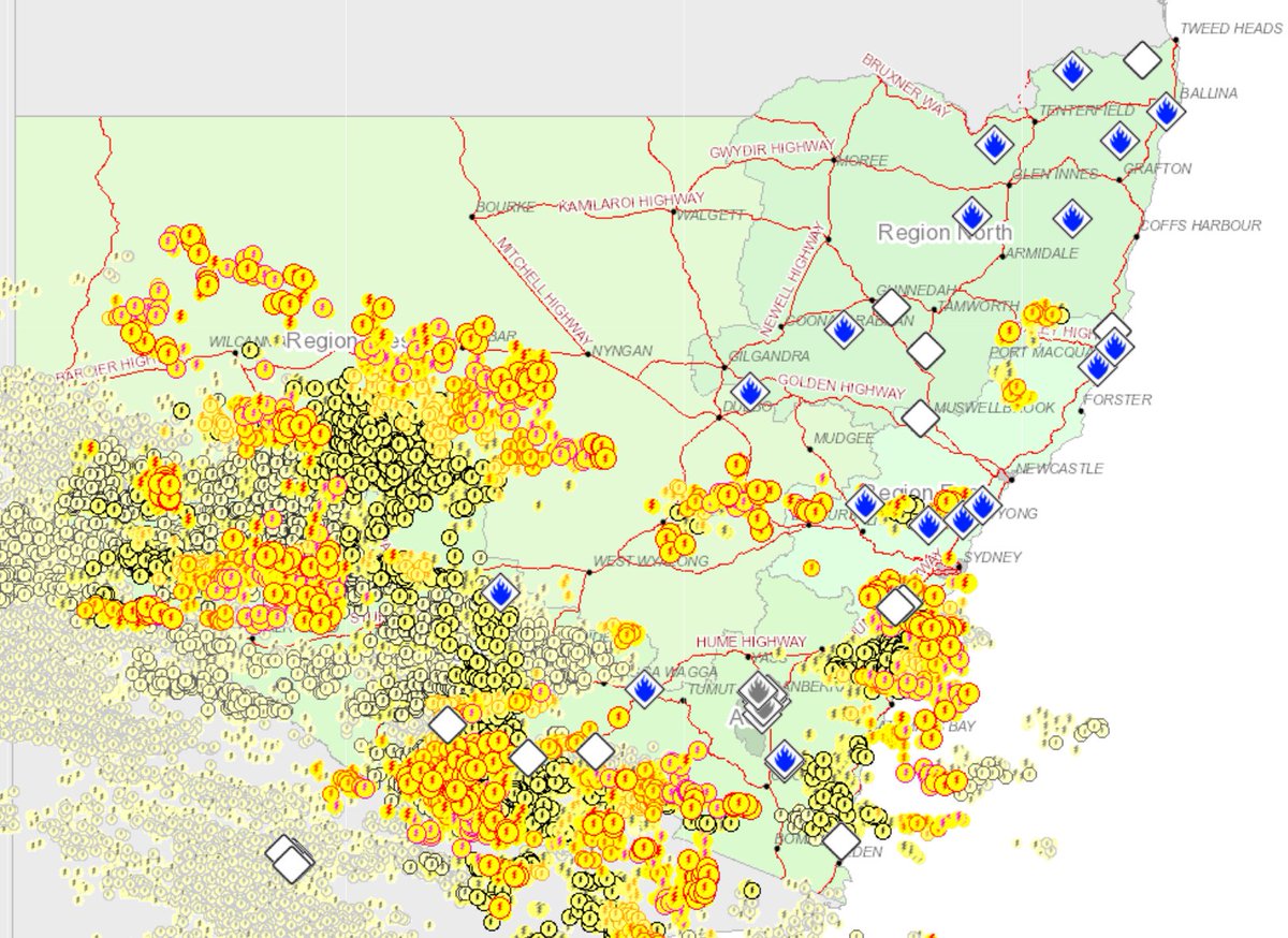 NSWRFS's tweet image. A number of lightning bands currently moving across NSW which may start new fires. Storm activity forecast for large parts of the state over coming hours. Report any new unattended fires to Triple Zero.