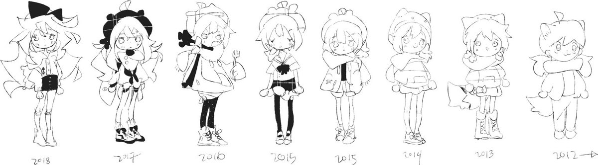 so busy and behind aa.... T _ T 
dont have 2019 art summary... yet? but heres some momoki evolution (oc) shes changed so much as she grew up with me !! 