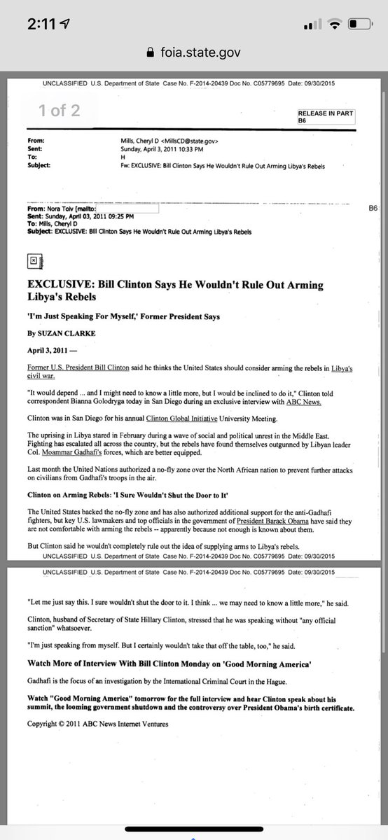 12. On April 3rd, 2011, during a speech to the “CGI University”, Bill Clinton explains how the US should consider arming the Libyan rebels. https://foia.state.gov/searchapp/DOCUMENTS/HRCEmail_SeptemberWeb/O-2015-08631-160/DOC_0C05779695/C05779695.pdf