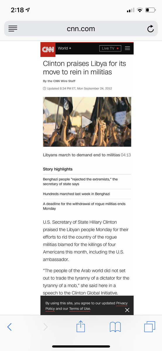 13. A year and a half after WJC calls to arm Libyan rebels, and THIRTEEN days after her slaughter of four Americans in Benghazi, HRC praises Libya for reining in militias...  https://www.cnn.com/2012/09/24/world/africa/libya-militias/index.html?no-st=9999999999