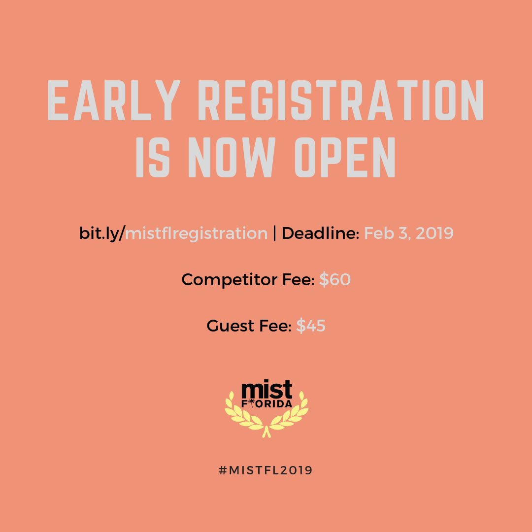 MISTFlorida's tweet photo. EARLY REGISTRATION IS NOW OPEN
Visit https://t.co/G0Uy39rtO9
Deadline is Feb 3rd, we hope to see you all this year إن شاء الله
#MISTFL2019 https://t.co/nGc7vCsaie