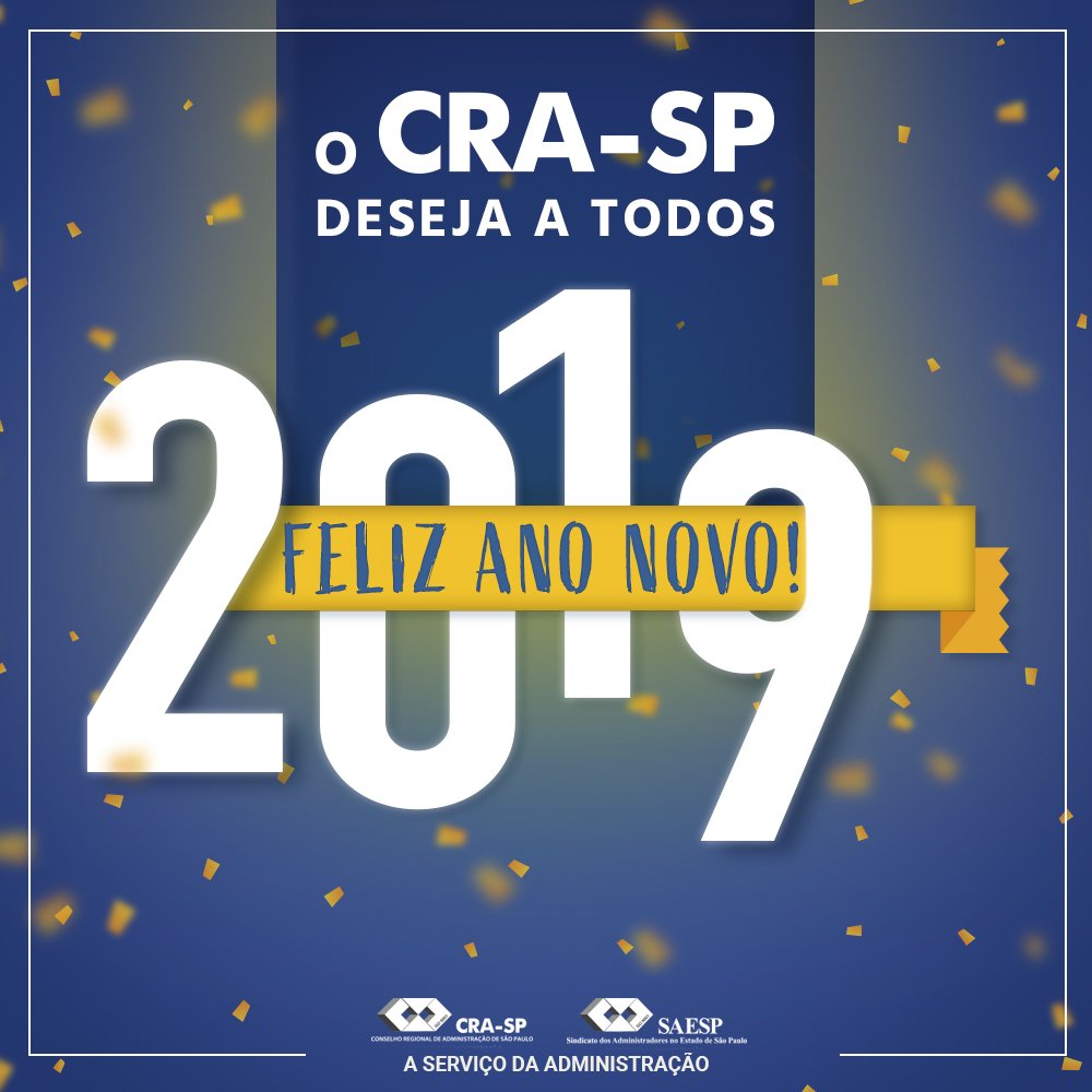 cra_sp's tweet photo. Feliz 2019!
Desejamos um ano de muito aprendizado e conquistas para todos e para a #Administração. #souADM #euAMOADM https://t.co/mGFQNFvOiJ
