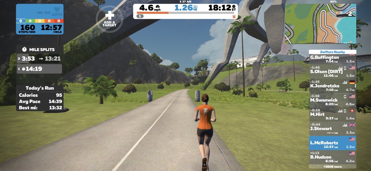 livinglovingrun's tweet photo. Even though the temps felt โniceโ when I headed out, I already made plans with the treadmill - giving the @GoZwiftRun another shot!
:
I really enjoyed the prompts of each 1/4 mile met (for โpointsโ) and seeing other runners conversing along the course ๐
#bibchat #zwiftbr #trebr https://t.co/DVNo5FDvMb