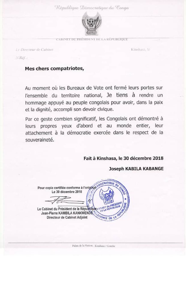 #RDC #Elections2018
Le Président de la République S.E. Joseph #Kabila Kabange rend un hommage appuyé au peuple congolais pour voir accompli son devoir civique dans la paix et la dignité, ce 30 décembre 2018.