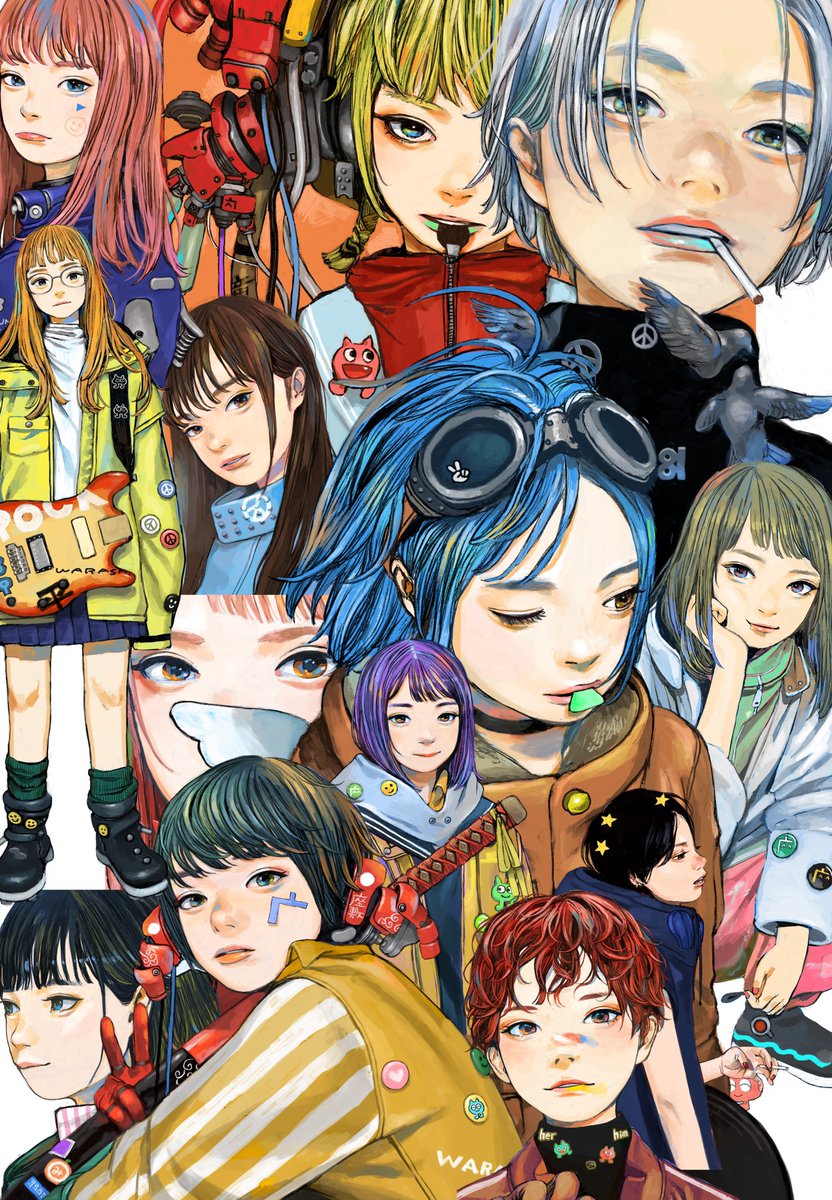 multiple girls goggles 6+girls blue hair blonde hair black hair red hair  illustration images