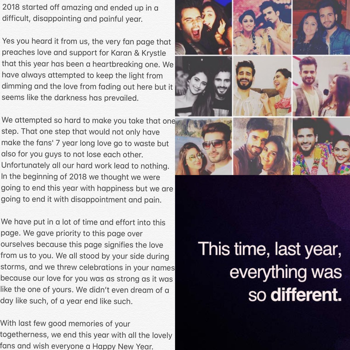 With last few good memories of <a href="/karantacker/">Karan Tacker</a> &amp; <a href="/krystledsouza/">Krystle Dsouza</a>’s togetherness, we end this year with all the lovely fans and wish everyone a Happy New Year ✨🥂

2018 has been a difficult lesson, may 2019 be a happy one instead.