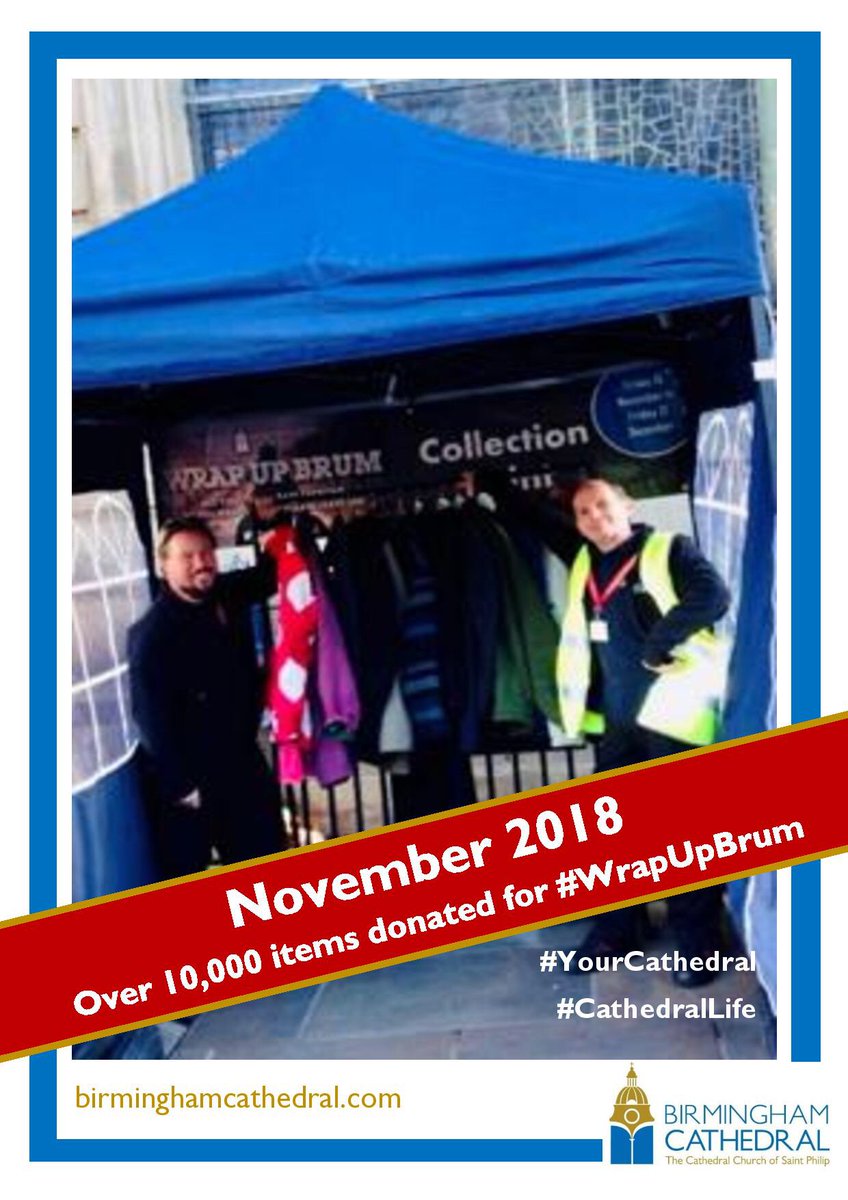 bhamcathedral's tweet photo. #lookingbackat2018 There’s so much to be thankful for when we look back. Over 10,000 items were donated to the homeless community & those who needed a warm coat this winter. Big thanks to those who donated & volunteered to make #WrapUpBrum happen #CathedralLife #YourCathedral https://t.co/rxKTfaBIwX