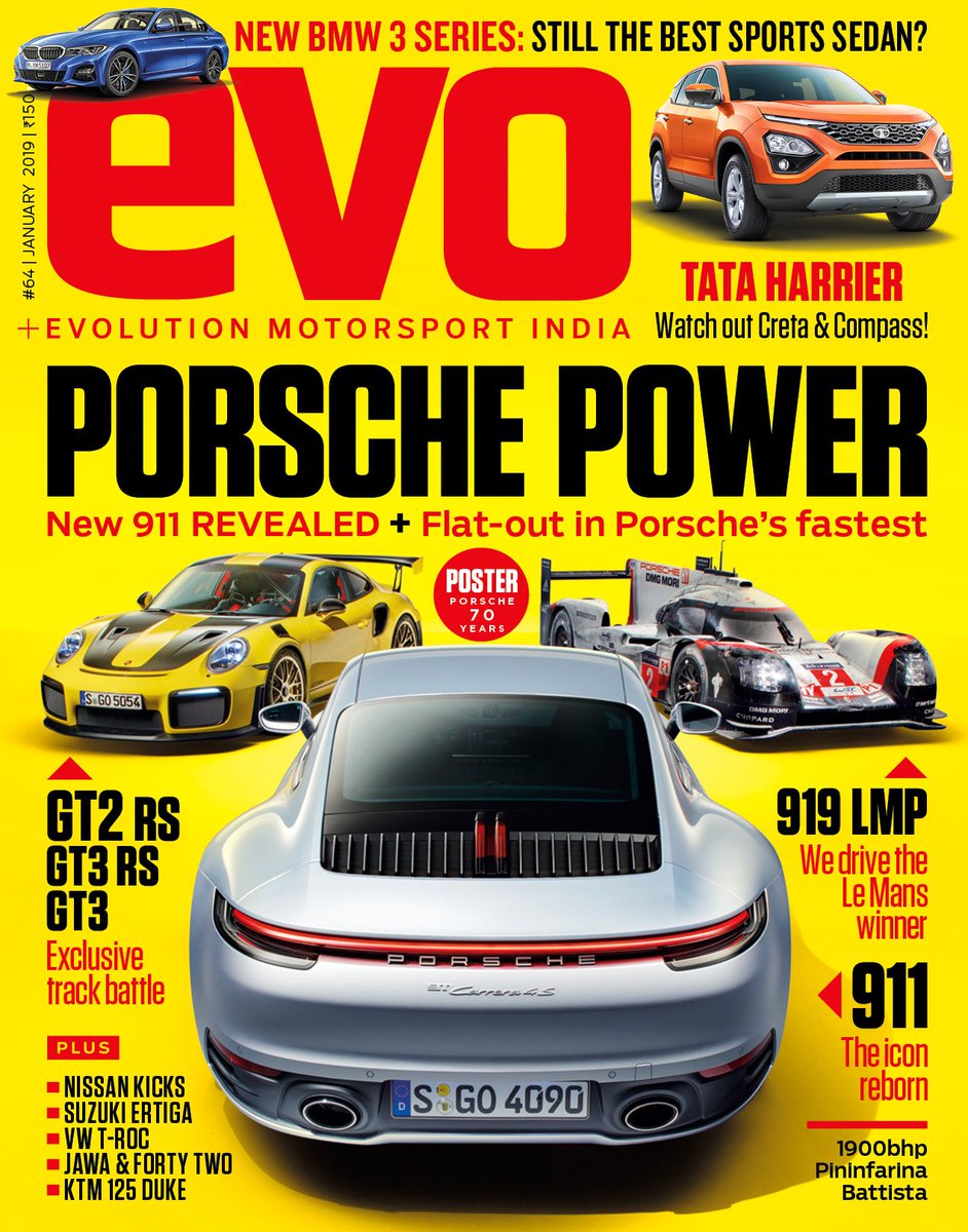 evoIndia's tweet photo. The #January 2019 issue of #evoindia is #OnStandsNow!
✔️#70yearsofPorsche - Traced!
✔️Driven - #Tata #Harrier, #VW T-Roc, #BMW #3Series
✔️Ridden - #Jawa + #KTM #125Duke
✔️Features - Making of the #Hyundai #Santro,
.
And plenty more!
Grab your copy now 👉 https://t.co/i8ifPBeZ81 https://t.co/rA7cBzU2On
