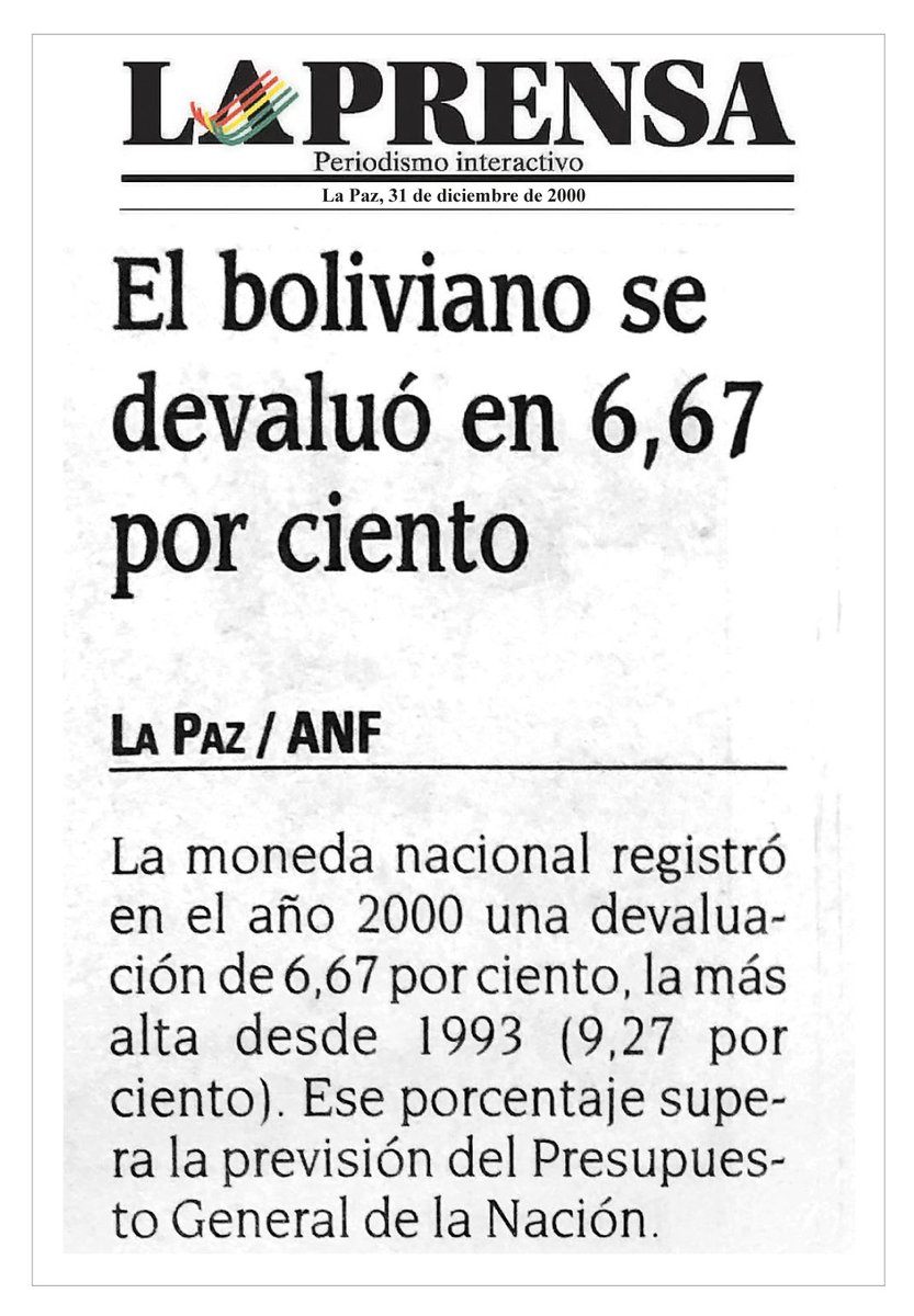 evoespueblo's tweet photo. Como hoy, 2000, se reportó que ese año el boliviano se devaluó en 6,67 %, con 40 puntos perdidos frente al dólar. Mientras el FMI manejaba nuestra economía para favorecer a capitales extranjeros, #Bolivia fue uno de los países más pobres. ¡Cómo cambió todo con la Nacionalización! https://t.co/6RAdmtZTiX