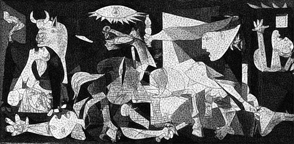 LaarcoStudio's tweet photo. Very happy with this simulation of Guernica, by Picasso. 
It required no manual tuning and the fidelity of the thick lines took me by surprise (the algorithm is now sentient, I think!). 
Producing this on a 85x170cm area would require 11k nails and 6.5Km of thread. https://t.co/k986wgeYgq