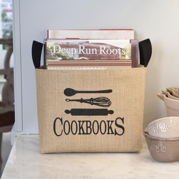 #OrganizationSale Cookbooks Burlap Basket buff.ly/2EOLiIb #cookbooks #kitchendecor #cookbookholder