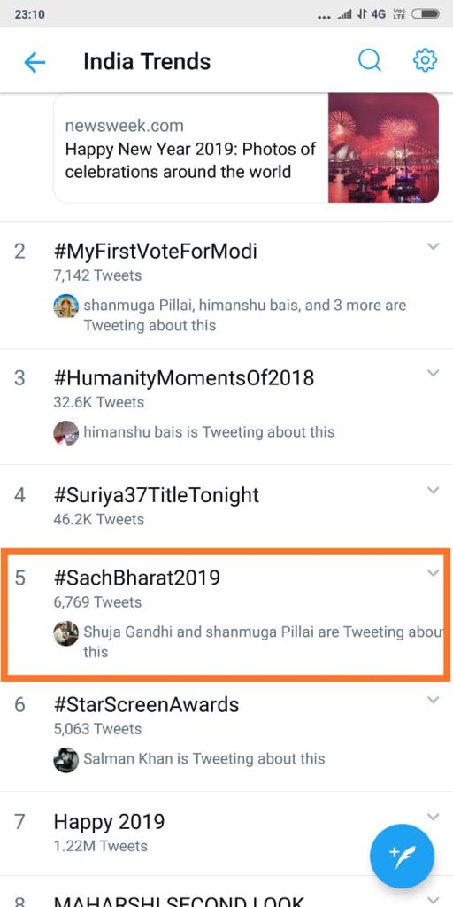 India Trends on Twitter "SachBharat2019 is trending topic 5 in India