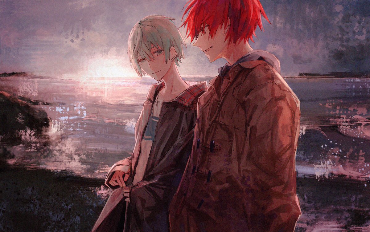 multiple boys 2boys red hair male focus outdoors coat smile  illustration images
