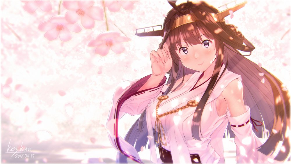 kongou (kancolle) 1girl solo long hair brown hair detached sleeves headgear hair bun  illustration images