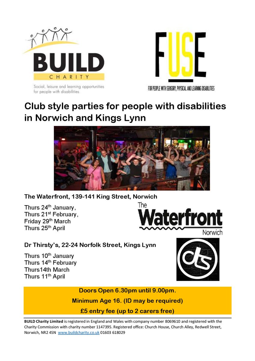 Kings Lynn Fuse parties are THE best night out for people with disabilities in West Norfolk. Sound, light and a full bar hosted by friendly and professional staff, overseen by us. Entry for anyone with disabilities aged 16+ and their guests. New £5 entry fee carers still go free