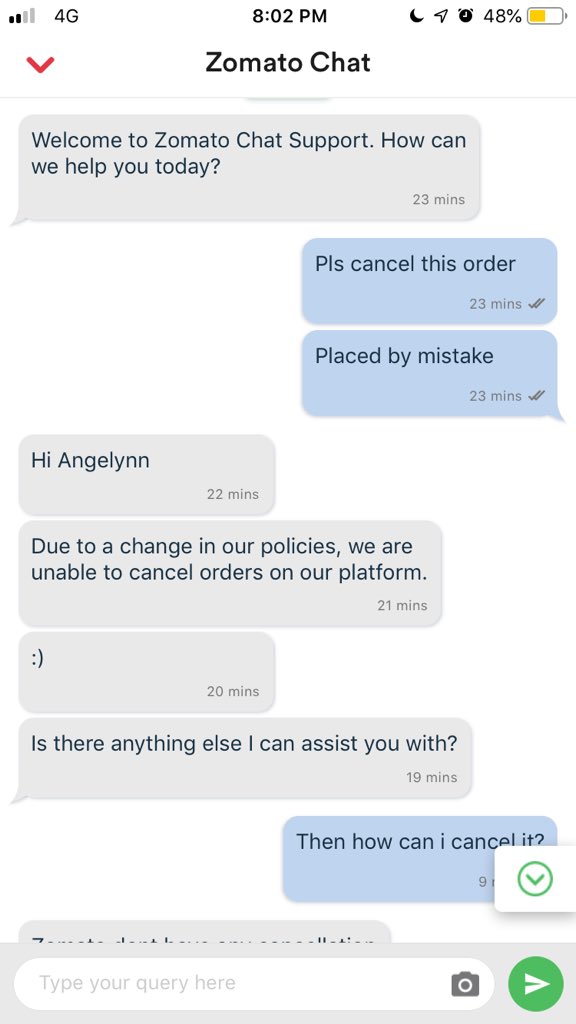 betheangel's tweet photo. @ZomatoIN I didn’t even want to completely cancel the order... i just needed a change in address just 500mtrs away... i wud hv reordered the same thing for the new address... but your policies are completely unfriendly... and this is how you lost a customer today... https://t.co/JzMCOXFnNL