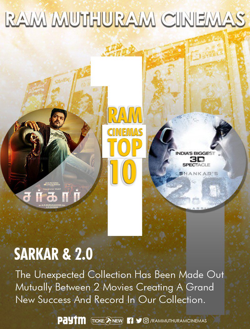 #RamCinemasTop10 - 2019
At No. 1 Super One & Blockbuster Monster 🔥🔥🔥
#Thalaivar's #2Point0 & #Thalapathy's #Sarkar is our No.1 Blockbuster of this Year 2018 😎
Box Office King's Together 😉
