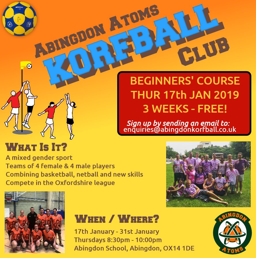 Fancy trying a new sport?  FREE beginners' course, Thu 17th Jan - Thu 31st Jan (see website for more details).  Reply here or email enquiries@abingdonkorfball.co.uk to sign up! #korfball #TrySomethingNew  abingdonkorfball.co.uk