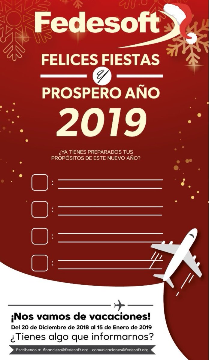 ¡Comienza la cuenta regresiva para el #2019! 🎆🎉

¡Les deseamos un próspero año nuevo Lleno de salud, éxito personal y empresarial!✨🤗

En #Fedesoft seguiremos con el propósito de trabajar por nuestra industria Nacional porque siempre reconoceremos que #LaClaveEsElSoftware 🇨🇴