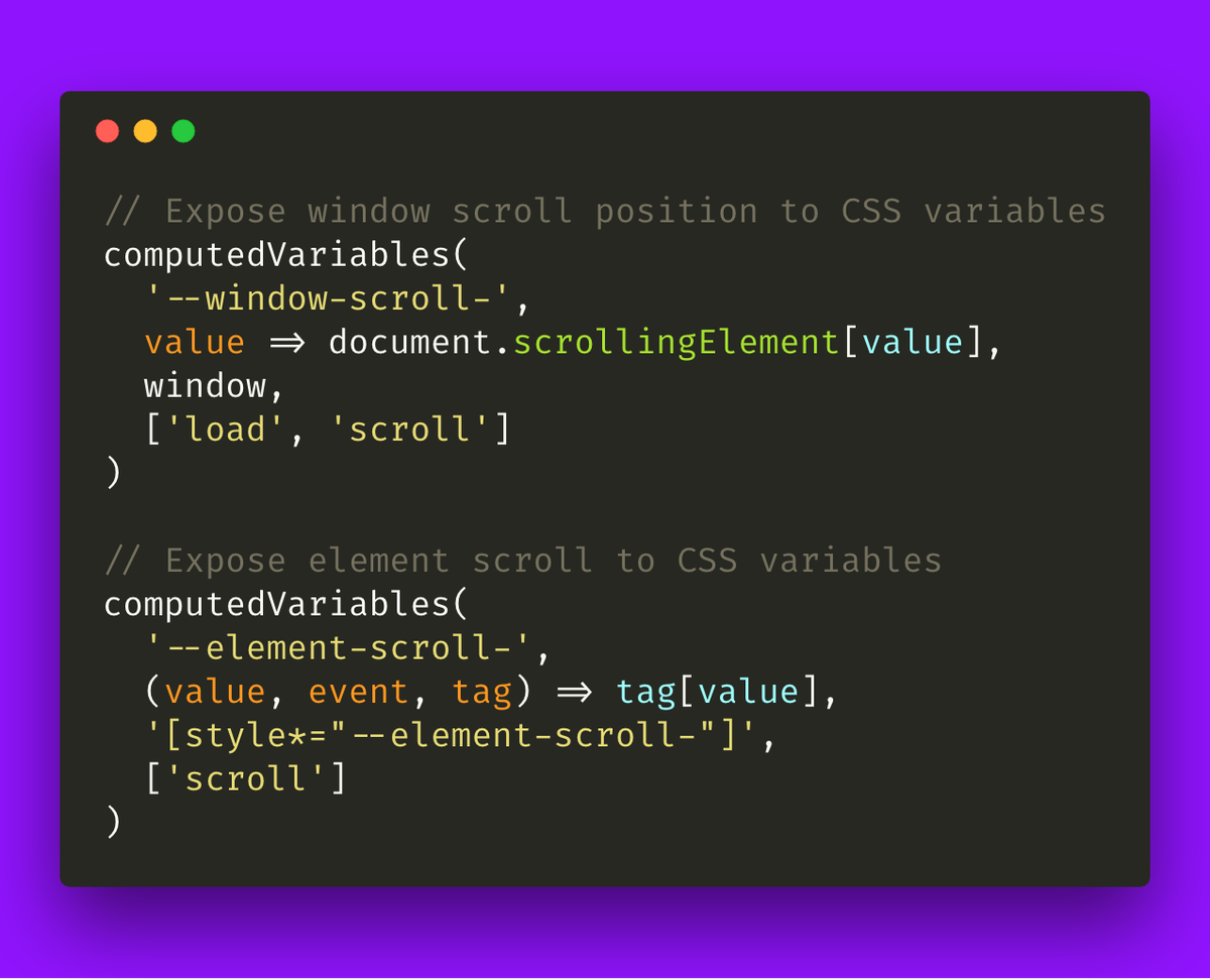 innovati's tweet image. Dec 31: Scroll-Based Styles 📜🎨 Teach CSS how to use the current scroll position of the page, or elements on the page as values inside your styles. This can be used for building animations that respond to the user scrolling!

code &amp;amp; demo: codepen.io/tomhodgins/pen…

#merryCSSmas
