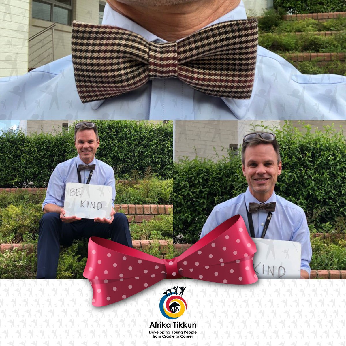 AfrikaTikkun's tweet photo. It's a very special day for the Bow Tie Challenge. Day 365 for the @TravellingEducator @bowtiechallenge  and his incredible campaign to raise funds for Afrika Tikkun as a way  to close the education inequality gap. We salute you for your incredible  commitment and for making it. https://t.co/LUT0vWeg2t