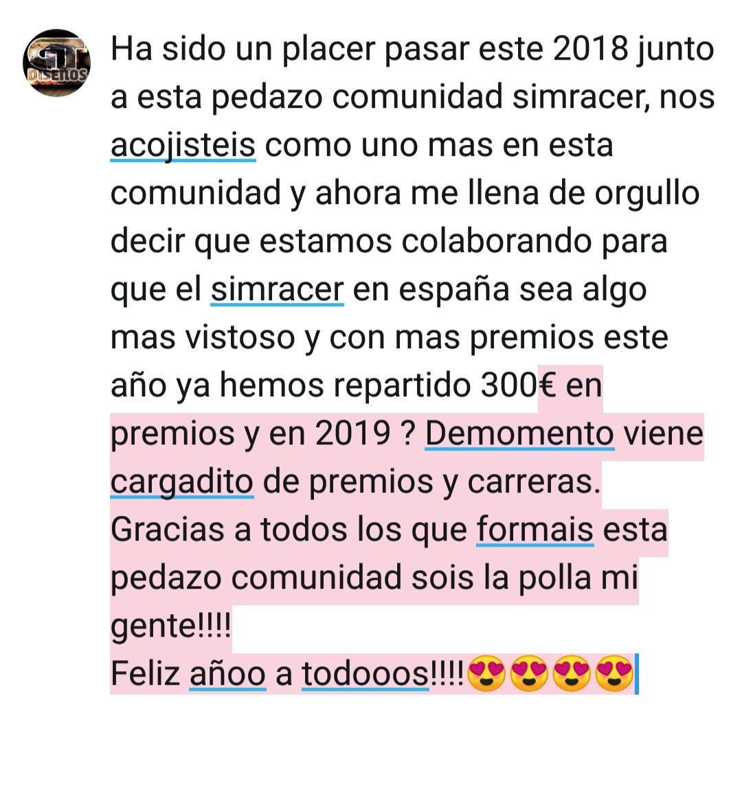 Gracias a todos por ese pedazo 2018 que nos habeis hecho vivir.
En 2019 esperamos llegar mucho mas lejos con nuevas metas tanto en el canal de youtube como en la vida!!
Feliz simracer 2019