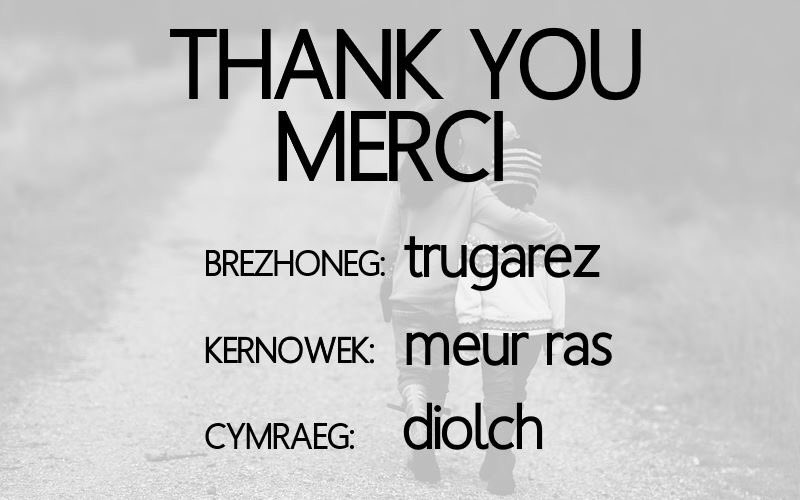 Thank You / Merci 

Brezhoneg: trugarez [tʁy'ɡɑ:ʁɛ(s)] 
Kernowek: meur ras [mø:ɹ 'ɹa:s] 
Cymraeg: diolch ['diɔlχ]